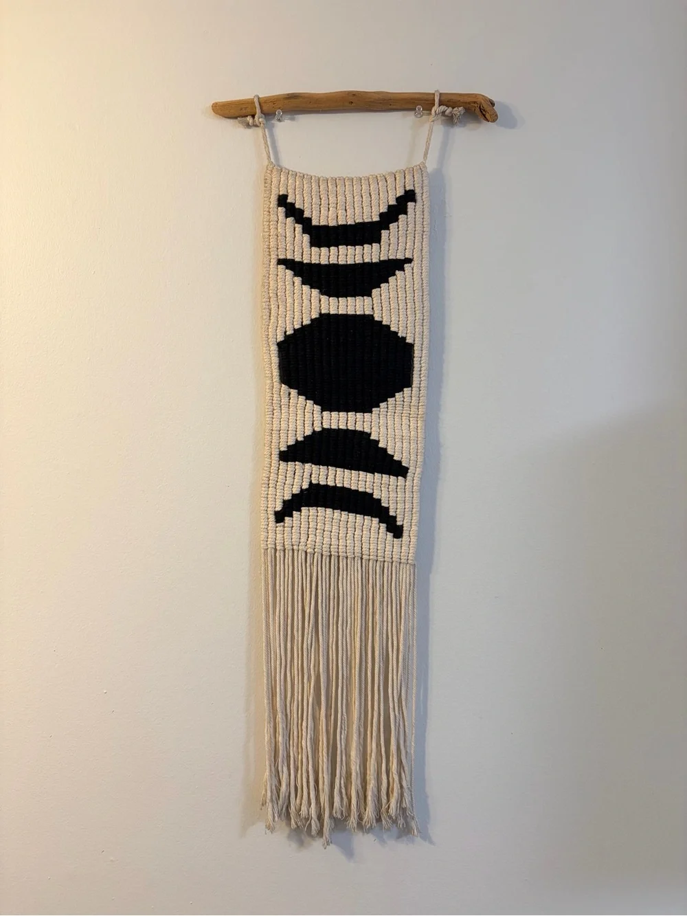 Boho Macrame Wall Hanging Black Cream Driftwood 36” Geometric